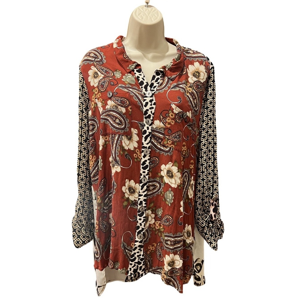 John Mark Mixed Paisley Leopard Animal Print Button Down Hi Low Tunic Blouse L